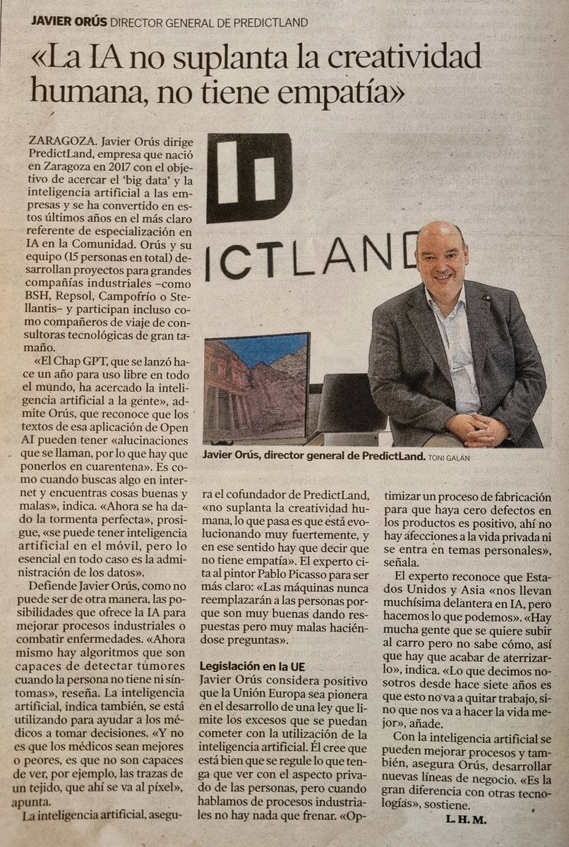 Muchas gracias <a href="/heraldoes/">Heraldo de Aragón</a> por tener en cuenta a <a href="/PredictLand/">PredictLand AI</a> para el "Especial IA" que se publica hoy domingo. ¡Encantados de aportar y compartir con todos nuestra pasión! 😍