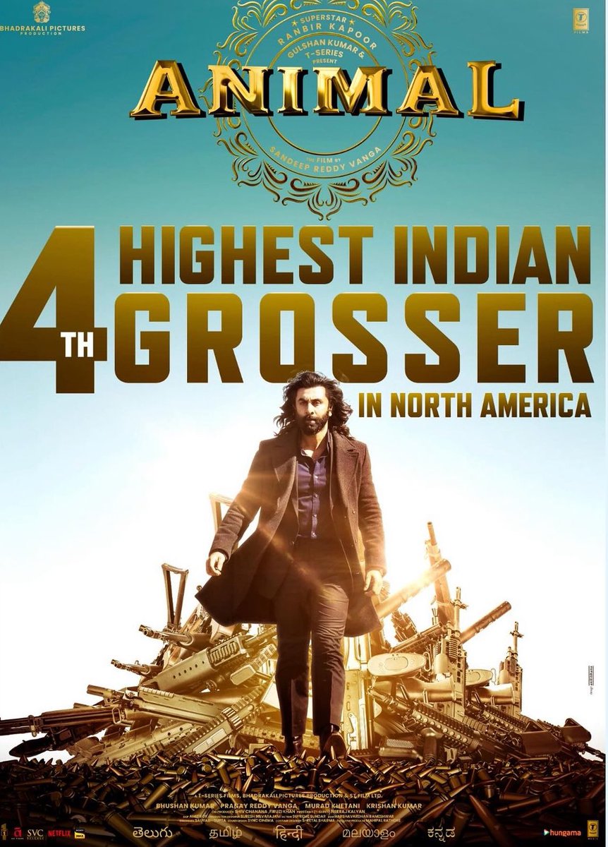 One more HUGE RECORD! #Animal is now the 4th HIGHEST INDIAN GROSSER EVER in North America! All Time Mega Blockbuster #RanbirKapoor #SandeepReddyVanga