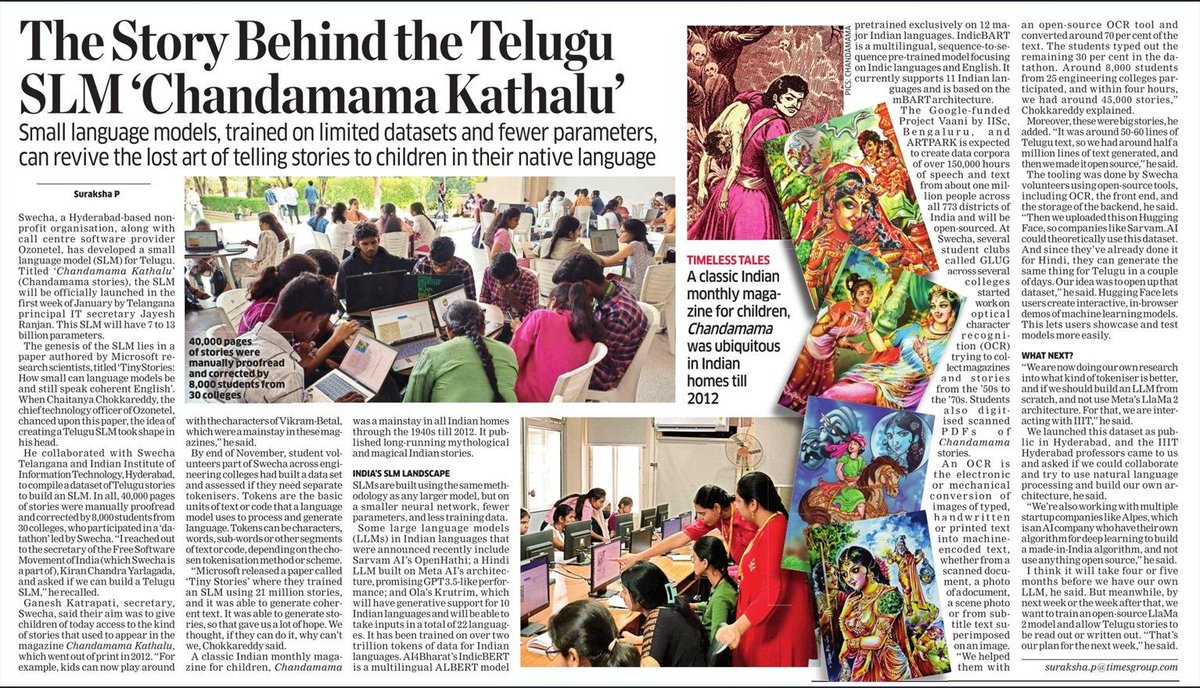 SwechaFSMI's tweet photo. #TeluguAI: Read the detailed story behind our Chandamama Kathalu SLM covered by @ETtech

SLM aka Small Language Models, trained on limited datasets and few parameters, can revive the lost art of telling stories to children in their native language.

URL: https://t.co/tHdSLvraGb https://t.co/3B9CV5j16K