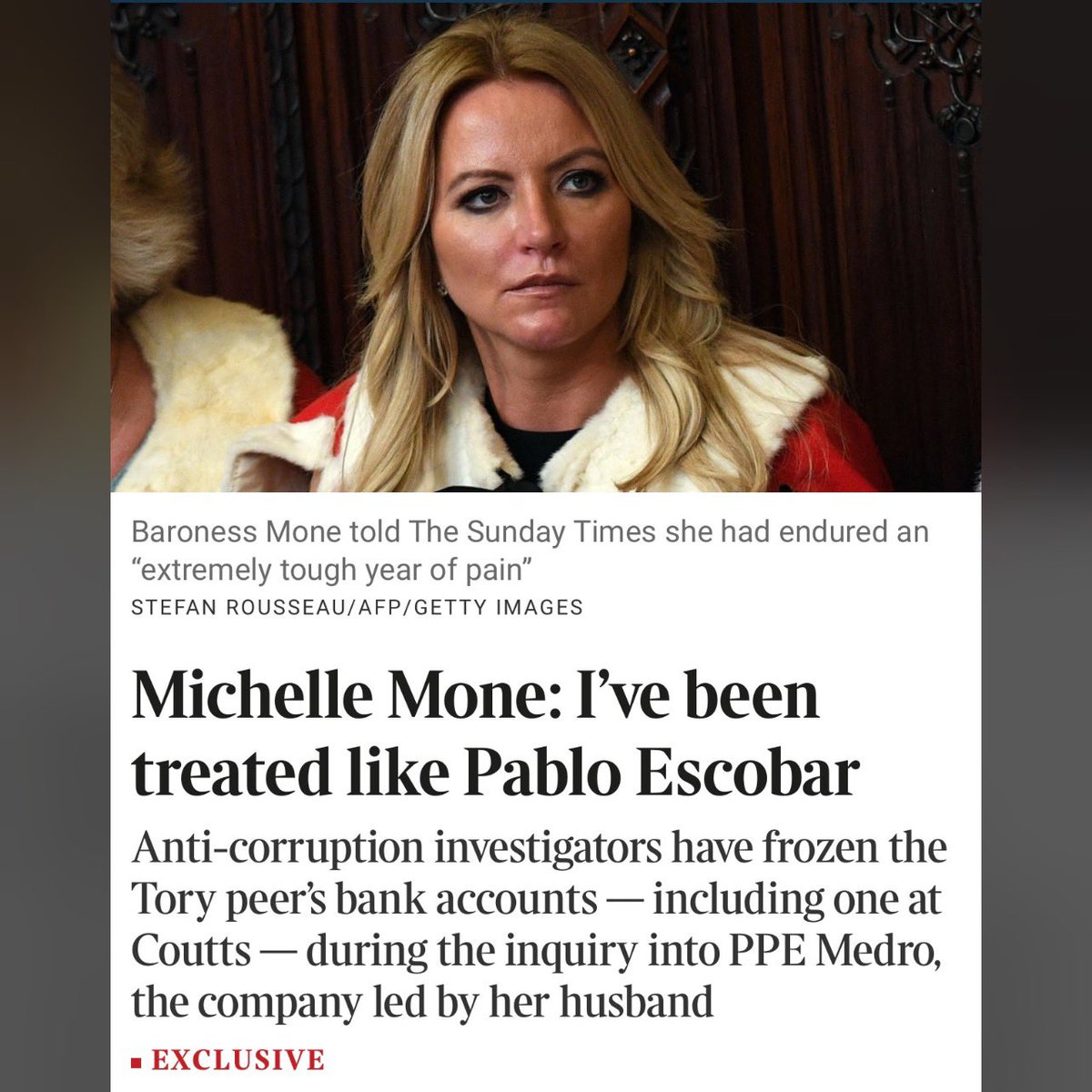 EXCLUSIVE @HarryYorke1 🔹Tory Michelle Mone's BANK ACCOUNTS FROZEN by @NCA_UK for last 12 months 🔹'It's been an extremely tough year of pain for me with frozen bank accounts. They've treated me like Pablo Escobar' 'Tough year for me'????? She's just the tip of the Tory…