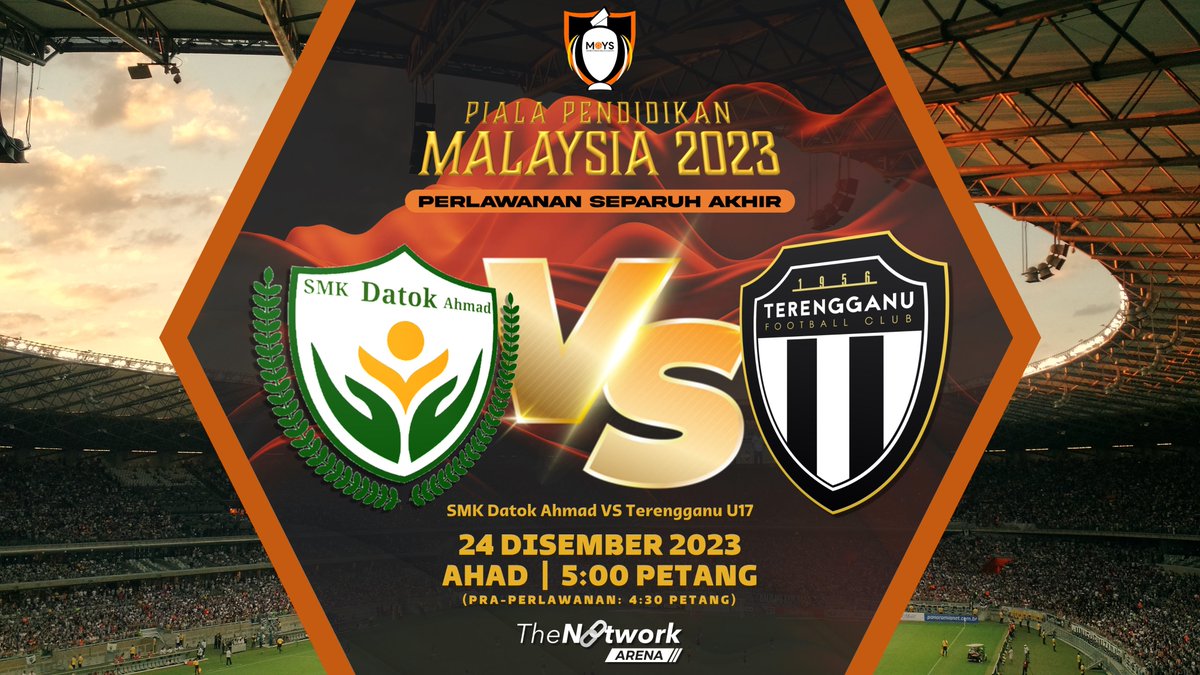 TheNetworkMYS's tweet photo. Pentas separuh akhir Piala Pendidikan Malaysia 2023 bermula hari ini.

Siapakah yang akan mara ke peringkat akhir merebut piala berprestij ini?

SMK Datok Ahmad dan Terengganu U17 bakal bertentang mata petang ini untuk menjawab persoalannya. https://t.co/RhAfoFZOP7