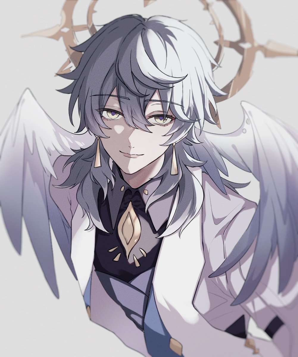 1boy male focus wings solo halo looking at viewer grey hair  illustration images