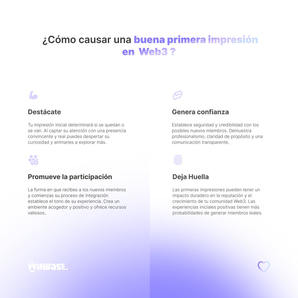 En la #Web 3 como en la vida no existen las segundas oportunidades para causar una buena primera impresión.

Lo que los usuarios perciban de ti, puede marcar el futuro de tu proyecto.

Para ayudarte a evitar este error desde Winbase te contamos como atraer a nuevo público

#NFTs