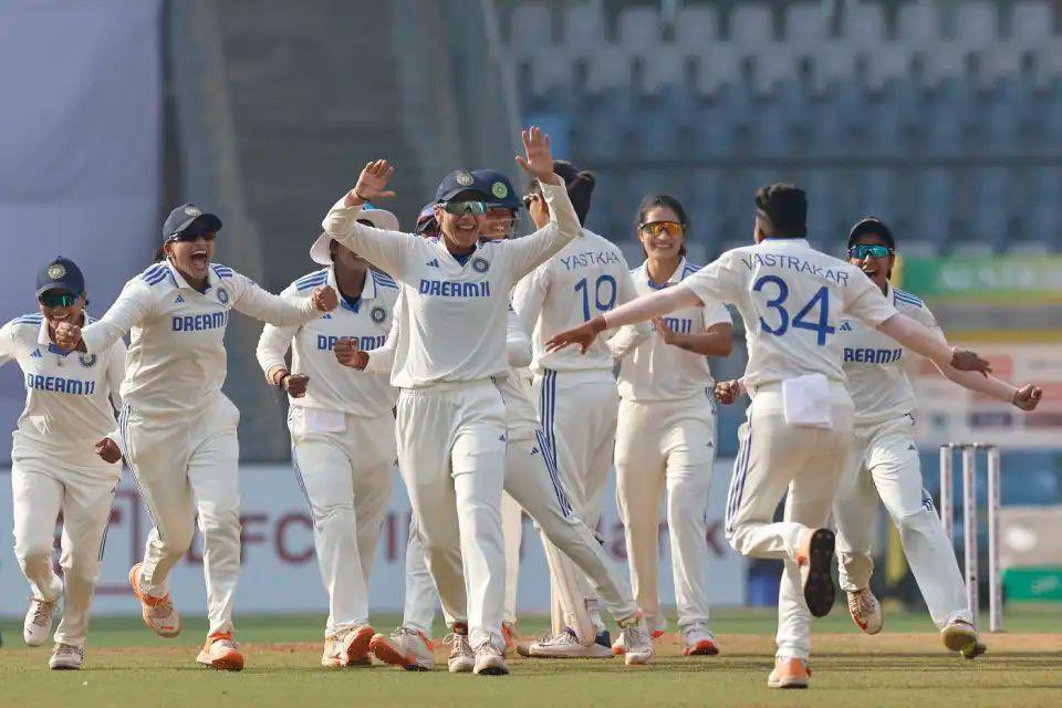 AmitShah's tweet photo. Proud of our girls!

Kudos to our Women's Cricket Team for winning the first-ever Test cricket match against Australia. You have scripted adorable history by setting a monumental example of Bharat's woman power in international Test cricket. My heartfelt best wishes to you. May victory always be yours. #INDvAUS