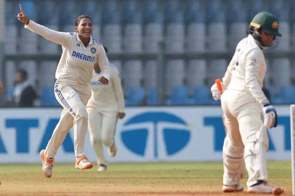 AmitShah's tweet photo. Proud of our girls!

Kudos to our Women's Cricket Team for winning the first-ever Test cricket match against Australia. You have scripted adorable history by setting a monumental example of Bharat's woman power in international Test cricket. My heartfelt best wishes to you. May victory always be yours. #INDvAUS