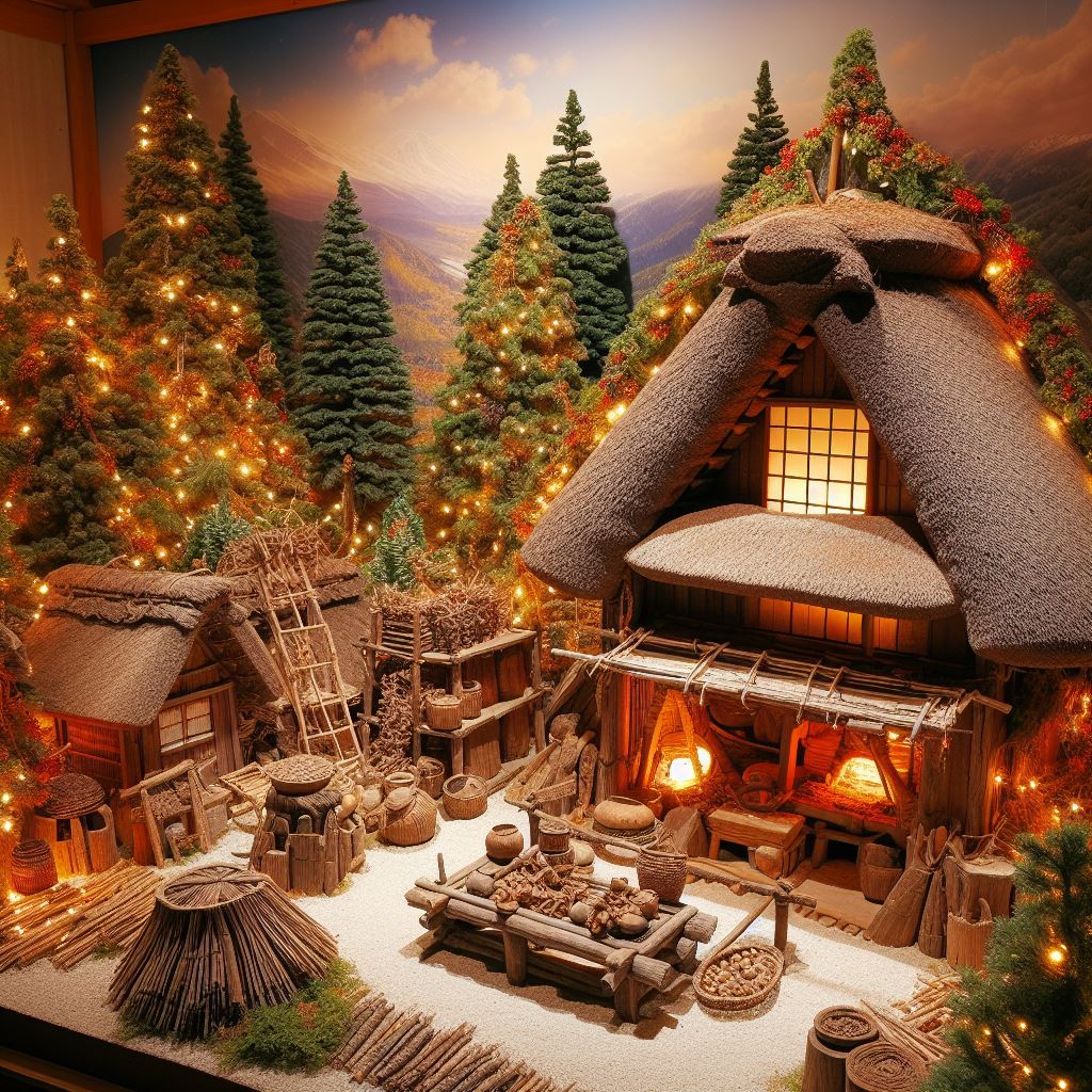今はやりの生成AIで「縄文時代のクリスマス写真を生成してください」と入れたら、郷土資料館の「昔の暮らし」風味に。奥の方に竪穴式住居や三内丸山遺跡っぽい棚。