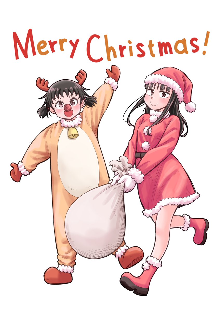 multiple girls 2girls santa hat hat animal costume merry christmas smile  illustration images
