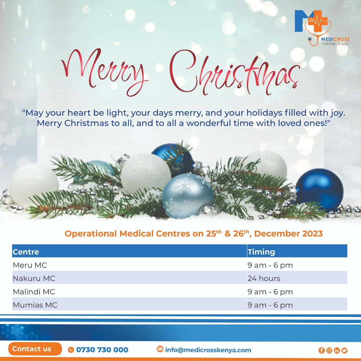 🎄✨ Merry Christmas from Medicross Medical Centre! 🎅🏥 

Sending warm wishes to all our valued patrons. 🤗 

Please take note of our updated working hours during this festive season. 🕰️ Thank you for your understanding and continued support. 💙

 #MerryChristmas2023