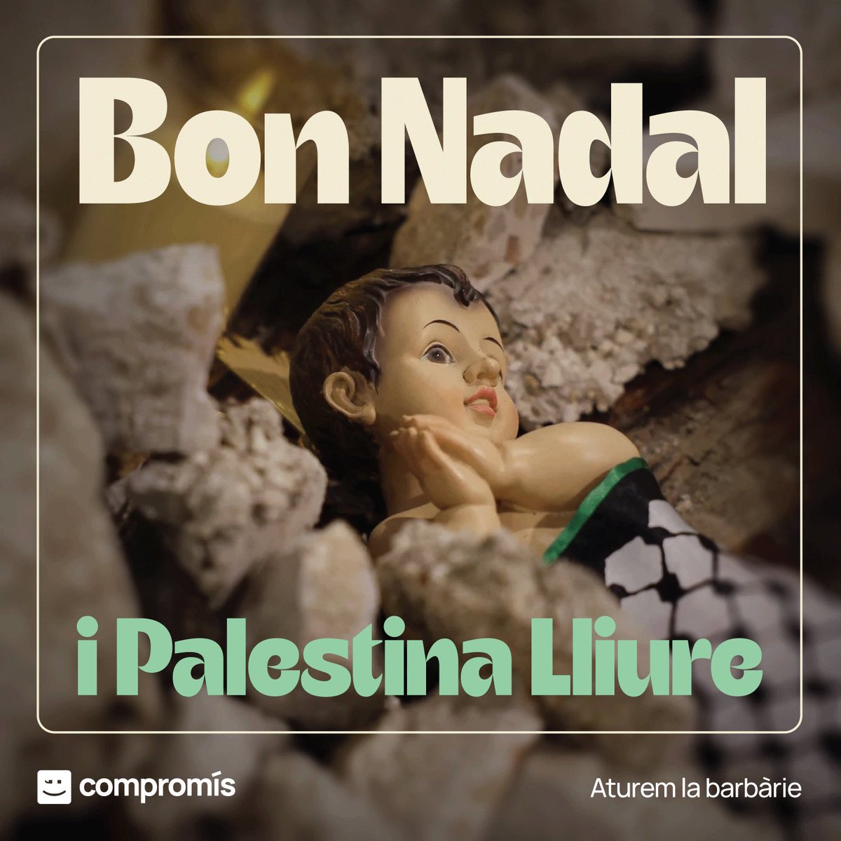 compromis's tweet photo. Enguany vos desitgem bones festes amb l'autèntic betlem que la ciutat de Betlem ha muntat per reclamar la pau.

Com diu el retor de la seua església: "Si Jesús haguera nascut ara, ho haguera fet entre enderrocs." https://t.co/qGz46NCVm2