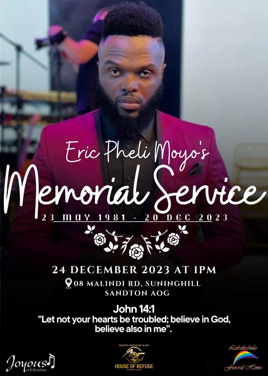 JoyousSA's tweet image. Another Day to Honour One of us, Eric Pheli Moyo 🤍🕊️ 

We will be celebrating His Life today at Sandton, AOG. 

Memorial Service starts at 13:00  #RIPEric