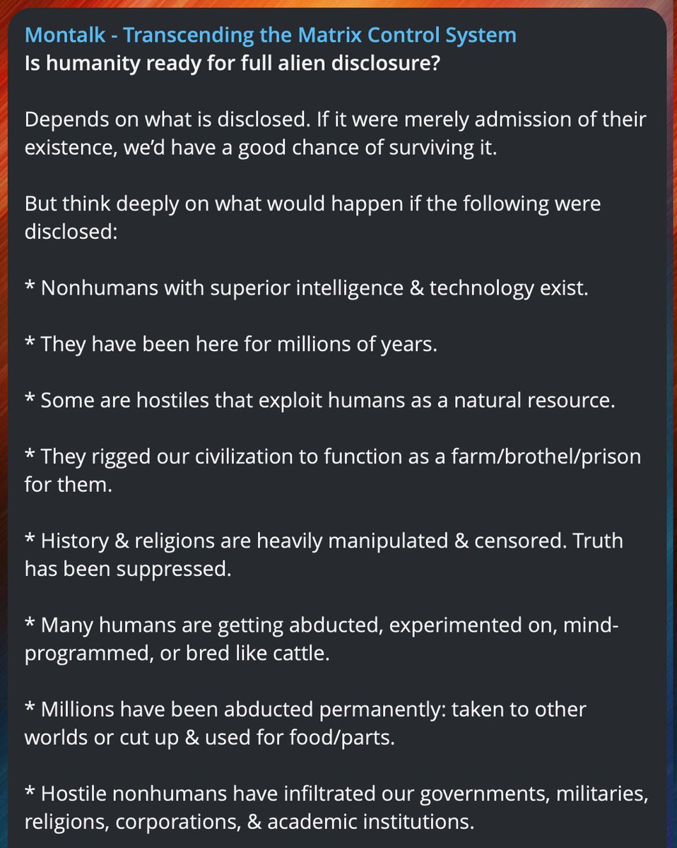 TomMontalk's tweet photo. Is humanity ready for FULL alien disclosure? What if the following were disclosed...
#UFOtwitter #UFOx https://t.co/8BSrMry8gH