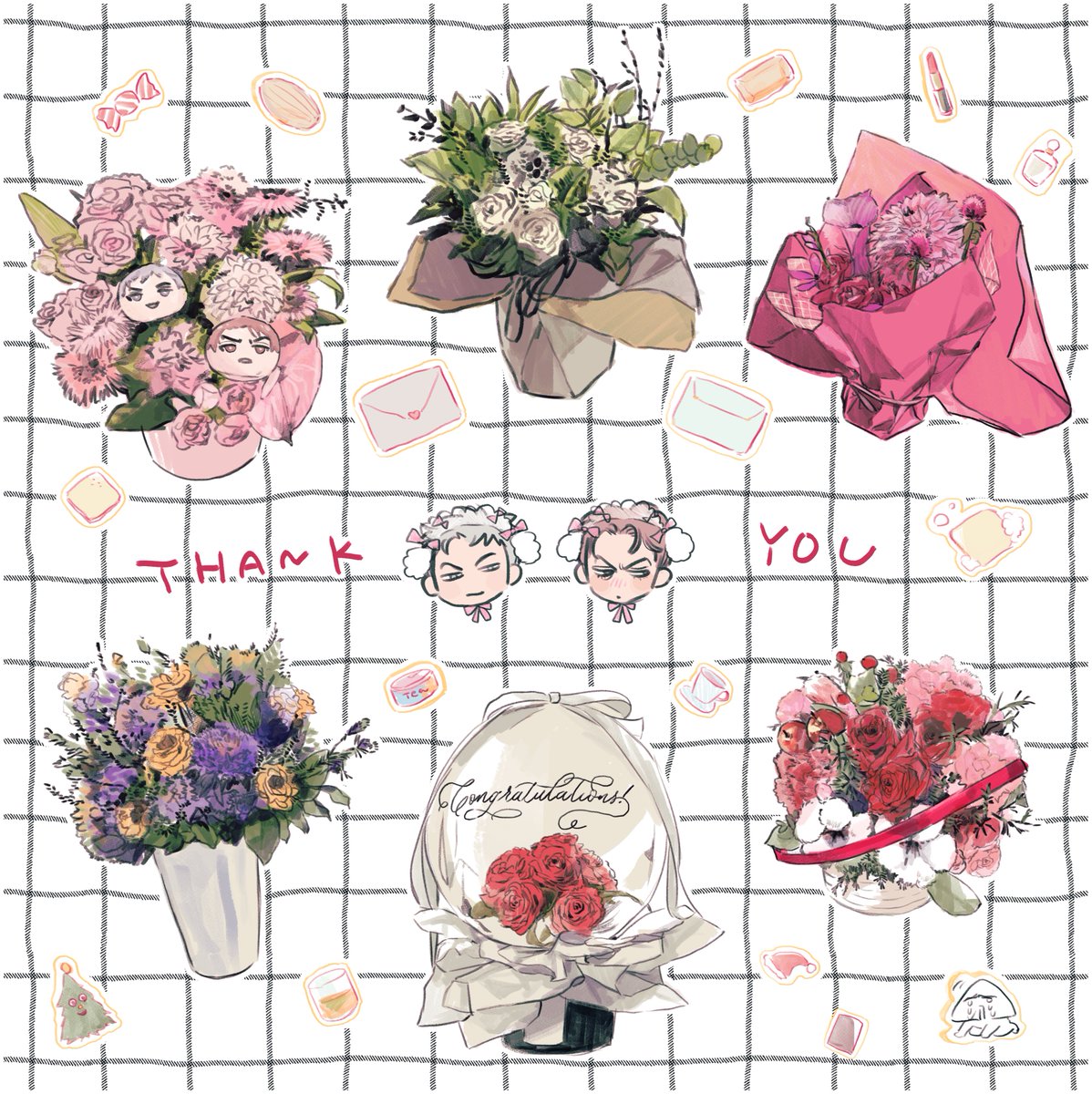 先日はお花、お手紙、贈り物をありがとうございました! サイン会後ぎっくり腰で写真を載せられなかったので遅くなりましたがお礼を絵に込めました…!(治りました!!)