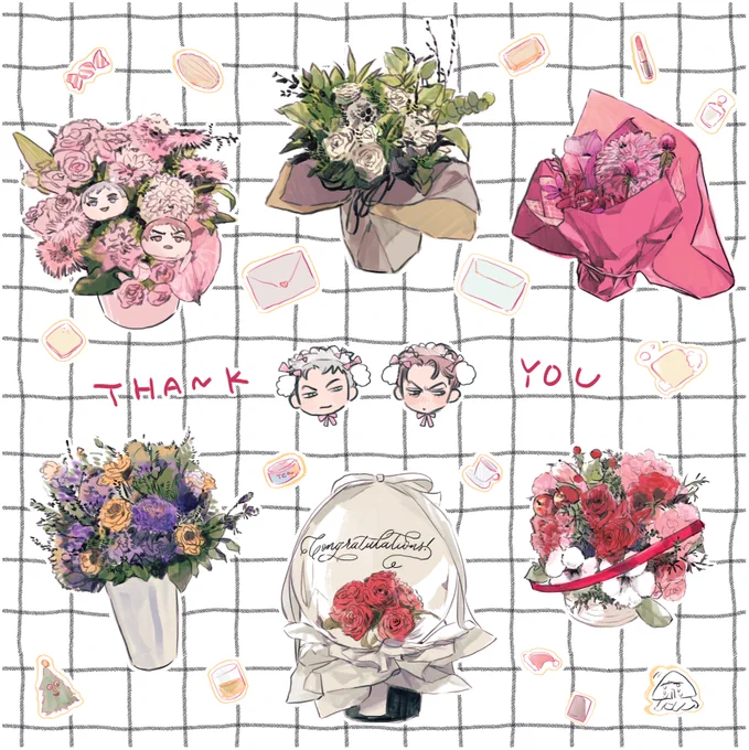 先日はお花、お手紙、贈り物をありがとうございました! サイン会後ぎっくり腰で写真を載せられなかったので遅くなりましたがお礼を絵に込めました…!(治りました!!)