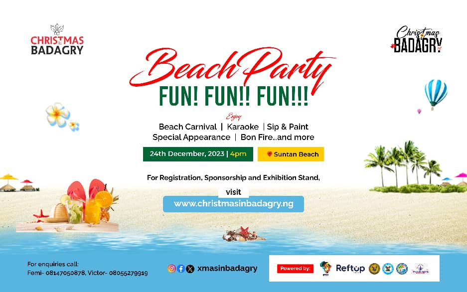 Where will you be spending your Sunday? 
Think no further, just ROSH to SUNTAN Beach this evening starting from 4pm for Day 2 activities of Christmas in Badagry. 
Don't miss the fun and entertainment 👍🕺🍾

<a href="/followlasgmha/">Lagos State Ministry of Home Affairs</a> <a href="/hon_oil/">Hon. Olanrewaju Ibrahim Layode</a> <a href="/gogeafrica/">Goge Africa</a>  <a href="/IdrisConnecting/">Idris Connecting Nigeria</a> <a href="/irepbdg_/">Babajide Akran</a>