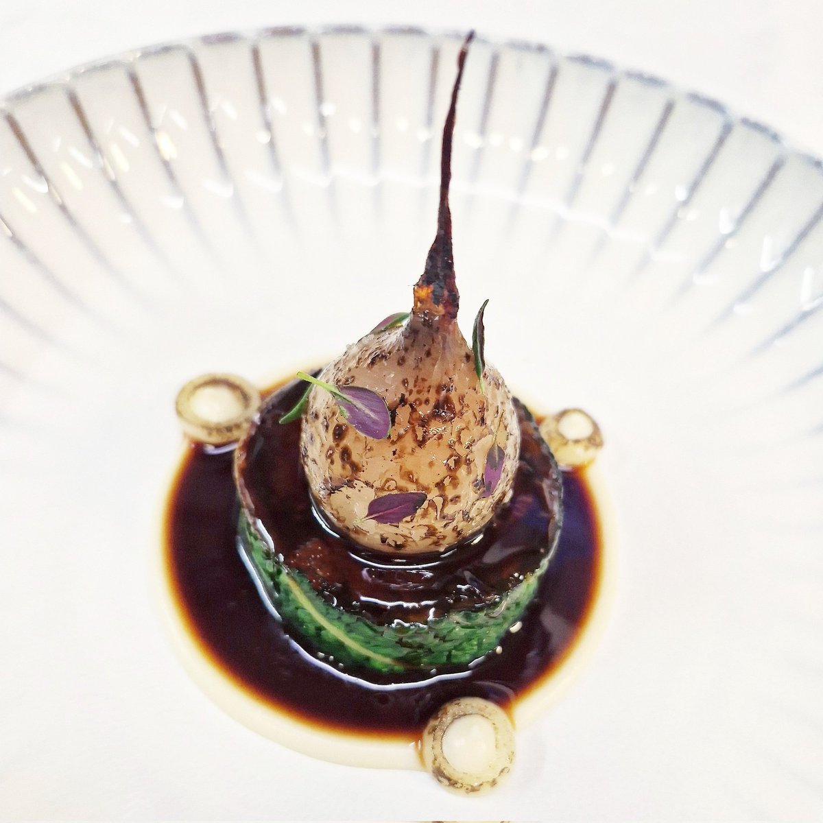 Bordelaise / hereford featherblade / roscoff / celeriac Slow braised beef featherblade, glazed in its own sauce, roasted roscoff onion, hollowed & filled with celeriac choucroute, mustard, its own onion centres & finished in brown butter. • #classical #cookery #braised #chef