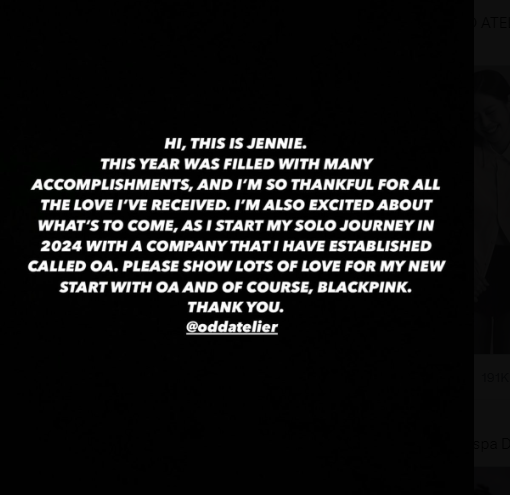 BLACKPINK's Jennie announces a new label, 'OA'.