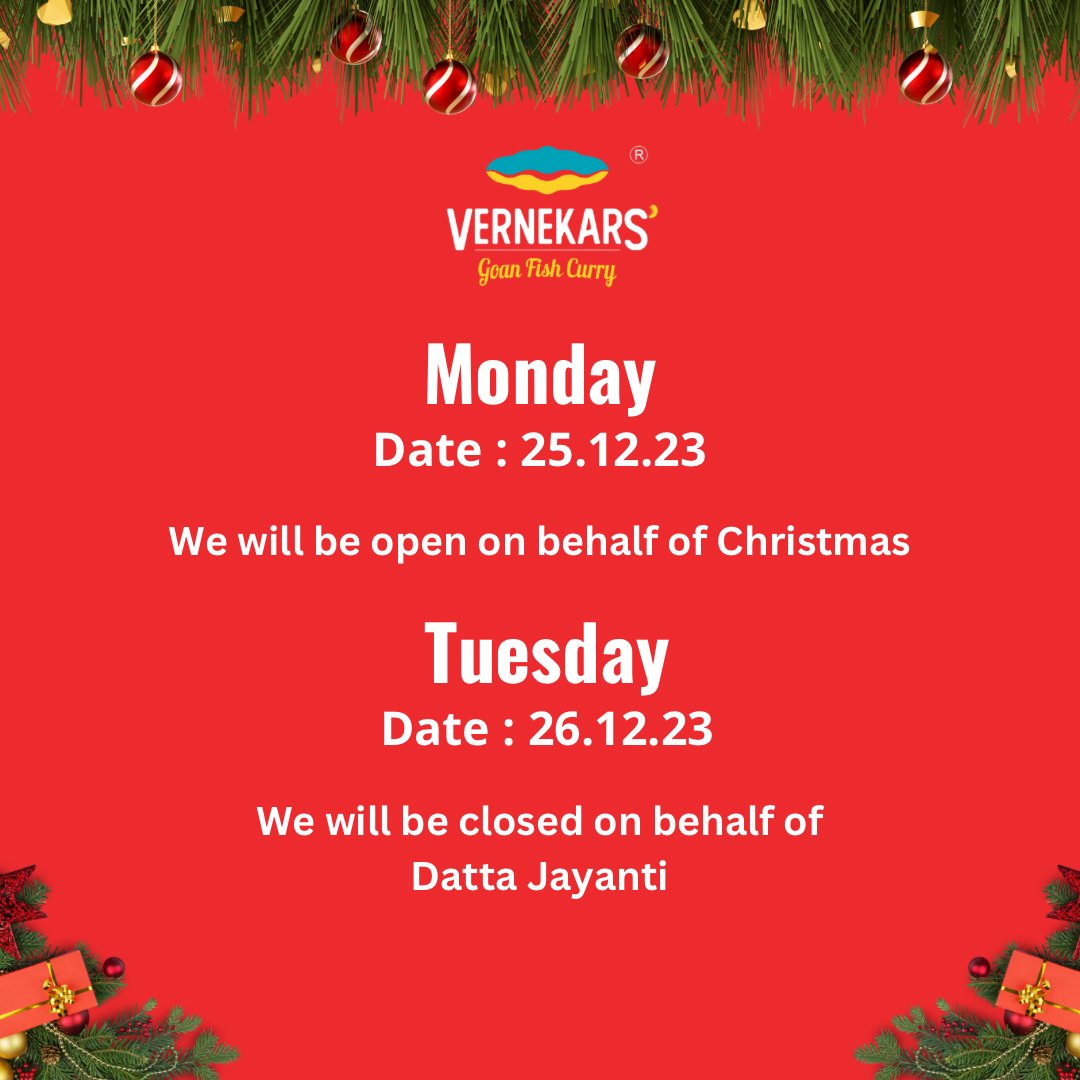 Celebrate the joy of Christmas with Vernekars Goan Fish Curry! 🎄✨ Join us on Monday for a festive feast as we keep our doors open to savor the flavors of the season. 
.
.
#ChristmasCelebration #GoanCuisine #HolidayJoy #vernekarsgoanfishcurry  #christmas #christmas2023