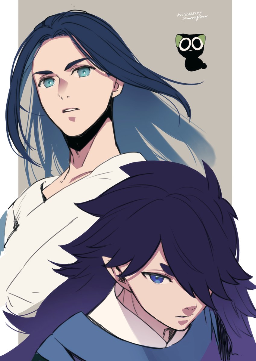 luo xiaohei ,luoxiaohei ,wuxian (the legend of luoxiaohei) multiple boys long hair 2boys hair over one eye blue eyes black hair upper body  illustration images