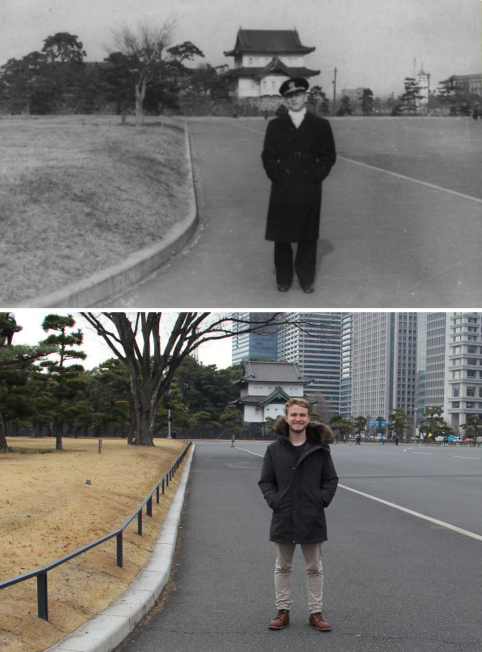 shortsofday's tweet photo. My Grandfather And I In Tokyo, 73 Years Apart https://t.co/Ts82YDVg7x