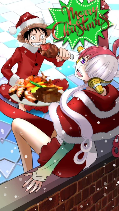 メリクリ～ 再掲載でごめんだけどウタちゃんとルフィのクリスマス絵です あれから一年とか早すぎますって