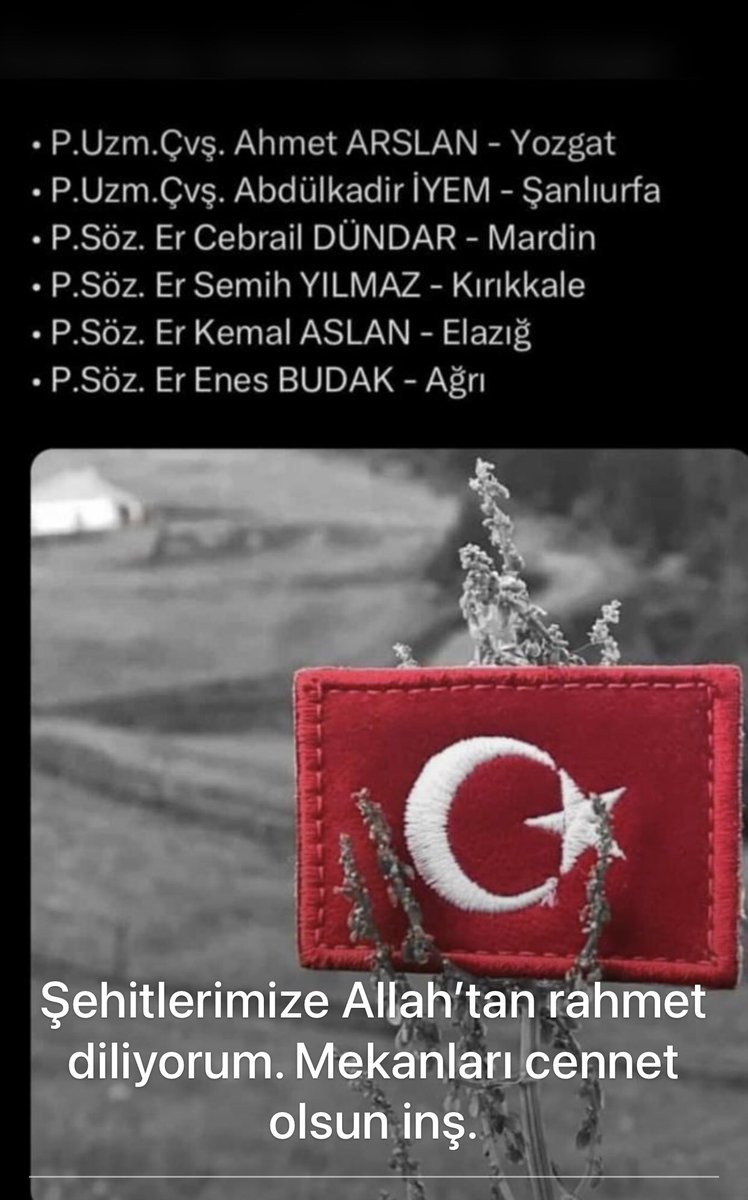 YucedagAyd's tweet photo. Kahraman şehitlerimize Allah tan rahmet, yaralı askerlerimize acil şifalar diliyorum. Milletimizin başı sağolsun. https://t.co/XWe55371sQ