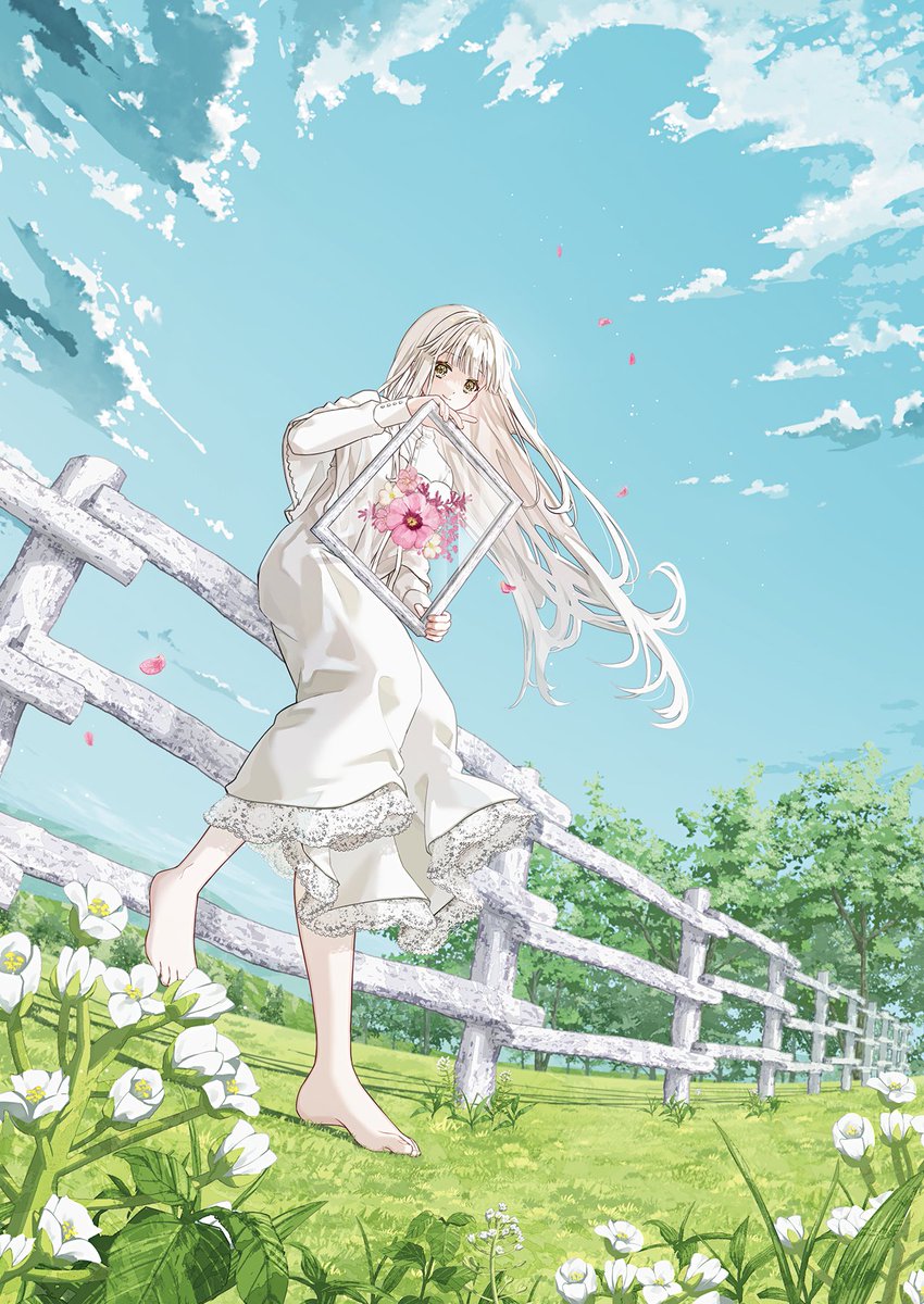 1girl flower long hair solo barefoot outdoors dress  illustration images