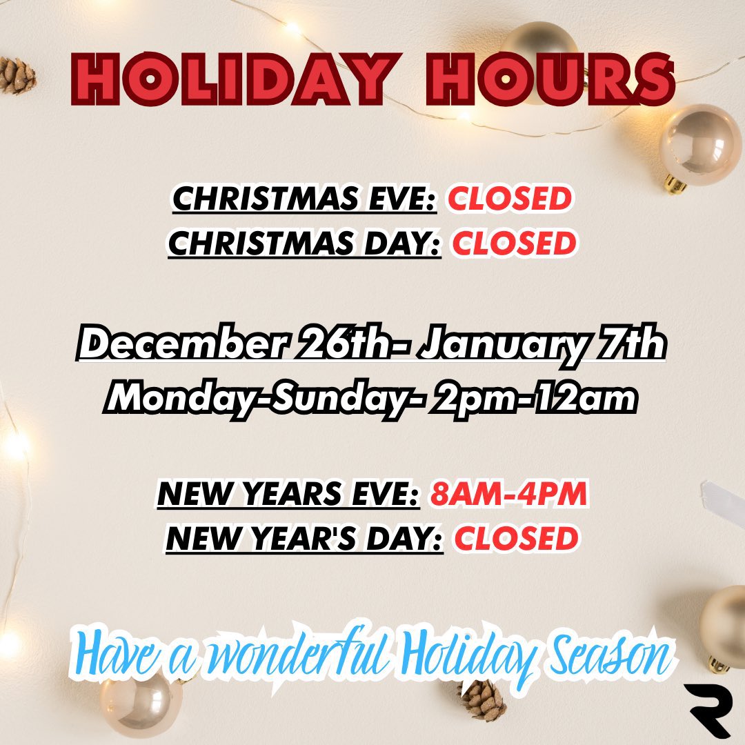 Our holiday hours!! 

We will be closed on Christmas Eve and Christmas Day as well as New Year’s Day
And our hours will adjusted the weeks of 12/26-1/7

#gaminglifestyle #videogamers #gamingpost #reflexionofc  #adjustedhours #holidayhours 

Have a wonderful holiday season