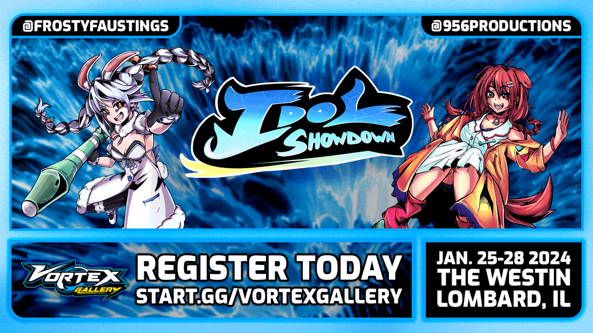 956Productions's tweet photo. ❄️Do it for your oshi!
Sign up for Idol Showdown at Vortex Gallery at Frosty Faustings XVI today!  

🌀Bring Your Own Mix!  

📅Jan 25-28
🗺️The Westin - Lombard, IL 
📋Sign-ups: https://t.co/pyXBPBDfWa
#VGFFXVI #IdolShowdown https://t.co/KT2R3y5iU6
