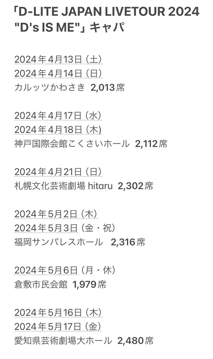aimaimi_ami's tweet photo. 約7年ぶりとなる日本ライブツアーの各会場のキャパだけ調べてみたわ📝
#テソン #DLITE https://t.co/d76FMSA3rG