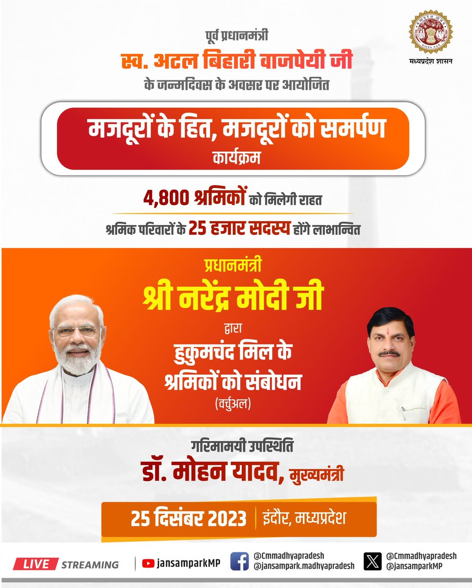 <a href="/CMMadhyaPradesh/">Chief Minister, MP</a> श्रमिकों के हितों के लिए समर्पित मध्यप्रदेश सरकार
पूर्व प्रधानमंत्री भारत रत्न स्व. अटल बिहारी वाजपेयी जी की जयंती के अवसर पर 25 दिसंबर को इंदौर में आयोजित मजदूरों के हित, मजदूरों को समर्पण कार्यक्रम में हुकुमचंद मिल के श्रमिकों को मिलेगी बकाया राशि