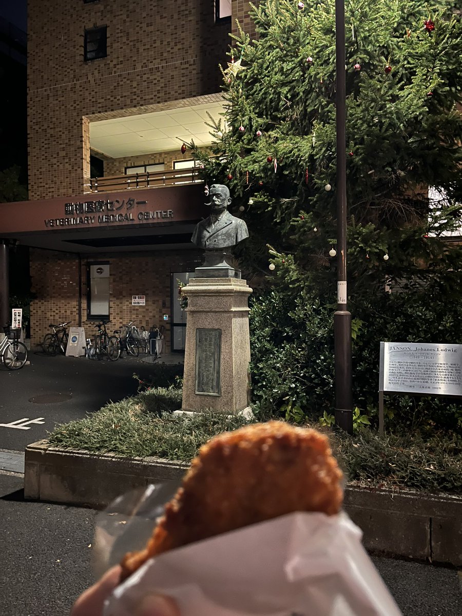 bakyanumaaaaa's tweet photo. 2023年聖夜、農学部
ヤンソン先生（とピンボケチキン）
上野先生とハチ公

この前までヤンソン先生サンタコスしてたのに、外されてしまいましたね… https://t.co/QhJ9uNaSme