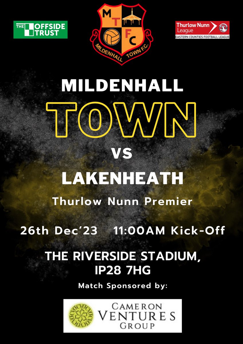 MildenhallTown's tweet photo. We are back in action on Boxing Day 🥊 as we welcome @Lakenheath_FC to The Riverside Stadium.

It’s an 11am. Kick-off

Get along and get your Boxing Day off to the best start &amp; We have karaoke on in the clubhouse too from 2pm to 7pm

#upthehall #grassroots #boxingdayfootball https://t.co/OCTdIcC23D