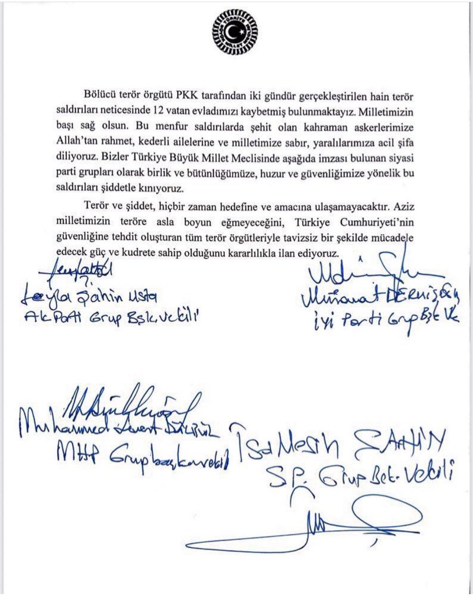 12 vatan evladının hain terör örgütü PKK tarafından şehid edilmesine karşın TBMM’de grubu bulunan 4 parti (AKPARTİ, MHP, İYİ PARTİ ve SAADET) “Teröre Karşı Ortak Bildiri” yayınladılar. 

Bildiriye imza atamayan CHP ve DEM Parti’nin teröre cesaret veren bu tutumunu milletimizin