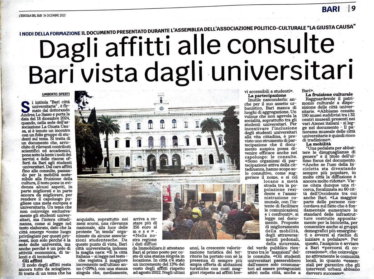 Umberto Sperti porta sulle pagine di <a href="/ledicoladelsud/">L’Edicola del Sud</a> alcune considerazioni fatte nello studio per Bari Città Universitaria, presentato lunedì durante l’assemblea tra studenti di <a href="/lagiustacausa/">lagiustacausa</a> . Un cantiere di idee ed iniziative per la città universitaria barese di domani..
