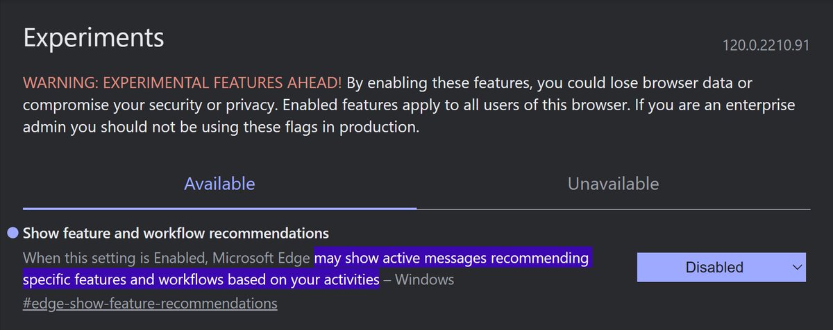 endermanch's tweet photo. «May show active messages recommending specific features and workflows based on your activities» is one of the most well thought out euphemisms I've seen for terrorizing users to change their search engine preferences under a penalty of having to click «Later» every so often. https://t.co/oAQvVvQIq6