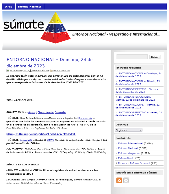 Sumate's tweet image. Entorno Nacional #Domingo24Diciembre
Si necesitas estar informado de las noticias más importantes en el ámbito político - electoral, accede a nuestro reporte matutino con lo publicado por principales portales Web del país.
Pulsa aquí: entornos.sumate.org
FELIZ NAVIDAD...