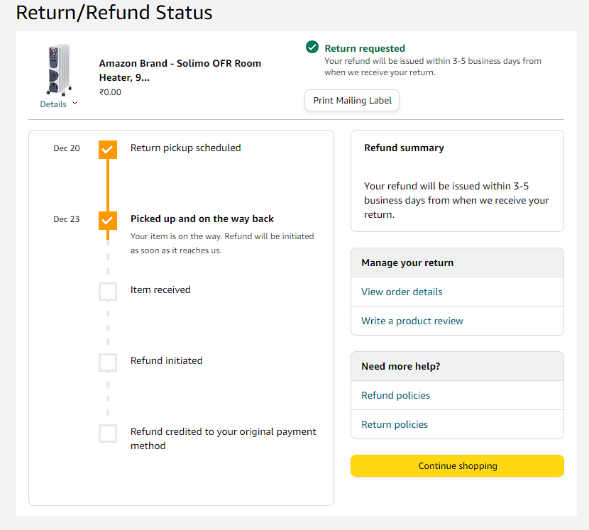 sanjeevdogra's tweet photo. @amazonIN 
For Return order 408-9771717-8132302
It is marked as "Picked up and on the way back" but no one came to collect the item.  When I called your support team rather then fixing this return they created new retrun request which is wasting another 2 days after waitin for 3d https://t.co/7ORqXj5IBB