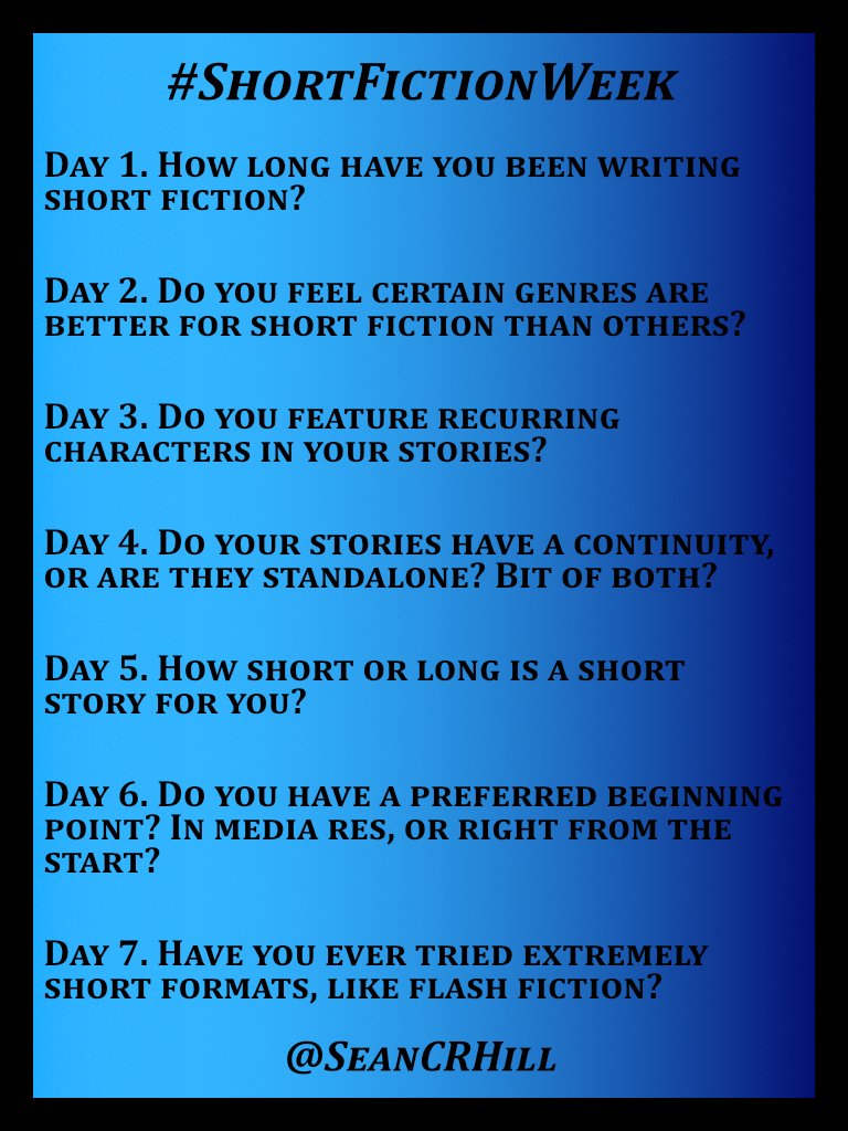 SeanCRHill's tweet photo. Get in here!
Get talking about short fiction!
Writers of all genres welcome!
Day 7. Have you ever tried extremely short formats, like flash fiction?
(Thank you everyone for joining in!)
#WritingCommunity #writingq #questioncrew #fiction #shortstories #flashfiction https://t.co/U7ILBwdzdT