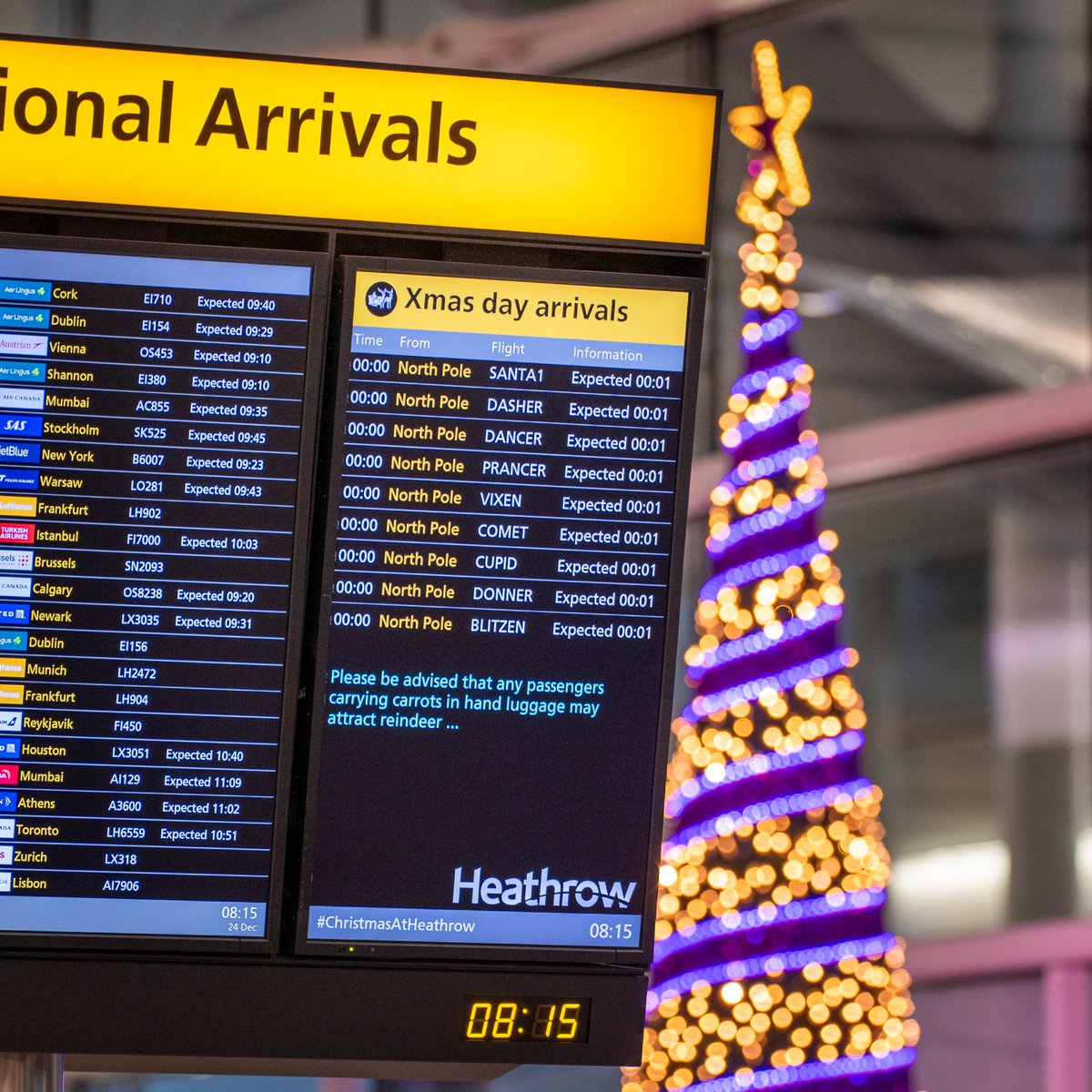 SANTA1 is confirmed at #Heathrow.🎅🦌 

We’re excited to share that Santa and his team will make their magical scheduled stop at our airport.

Keep your eyes peeled if you’re at Heathrow today, as our Xmas arrivals board is now LIVE.
