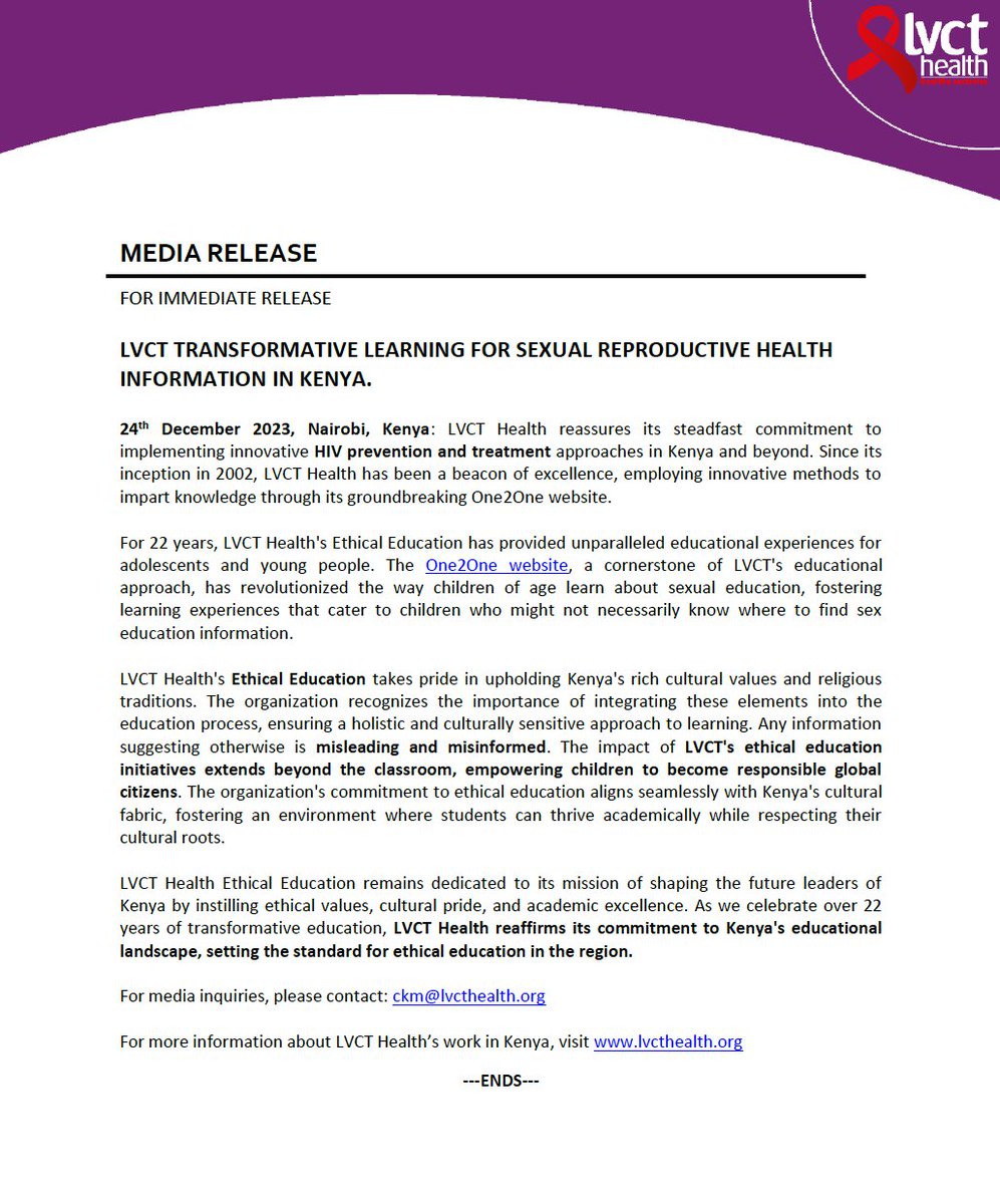LVCTKe's tweet photo. Media Release!📢📢 LVCT Transformative Learning for Sexual Reproductive Health Information in Kenya @one2oneKE https://t.co/wzvnVRkkVz