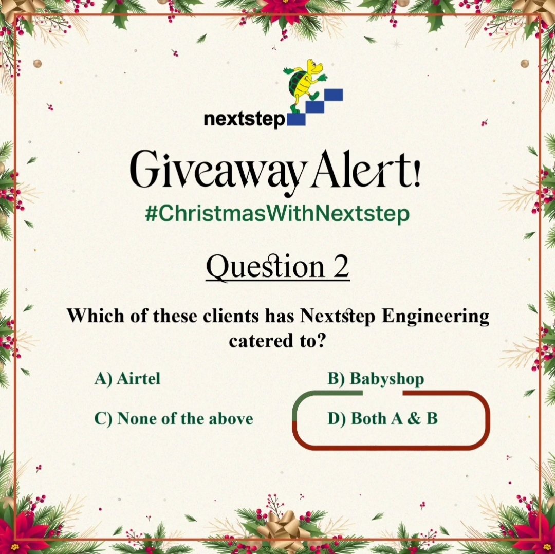 nextstepeng's tweet photo. We've wrapped up the #ChristmasWithNextstep #contest and we're not accepting any more entries, but the suspense continues!
The correct answers are:
Q1: Automobile
Q2: Both A&B
Q3: Retail and Commercial Design Projects
Stay tuned, as we unveil the #winners SUPER SOON! https://t.co/kgEmMvyWkw