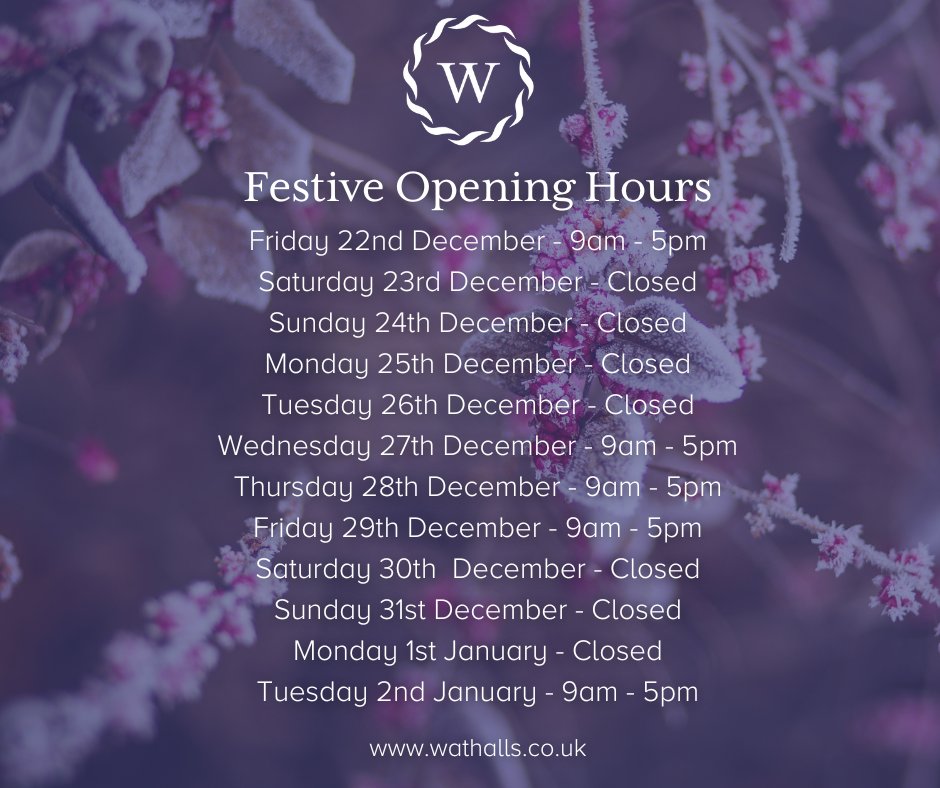 Our branches are now closed and will reopen on Wednesday 27th December at 9am. Although our doors may be closed, our phone lines will remain open 24 hours a day as always.

wathalls.co.uk/contact-wathal…  

Wishing you a peaceful Christmas, 
From all at Wathall's.