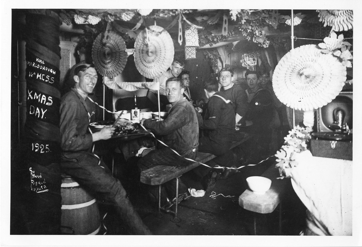 Christmas is celebrated by the Royal Navy, whether it's on land or at sea. 

Here is the crew of HMS MARLBOROUGH (1914) celebrating Christmas Day in 1925. She was Chatham manned ship with men from HMS Pembroke (Chatham Division) assigned to her. 

#warship #chathamdockyard