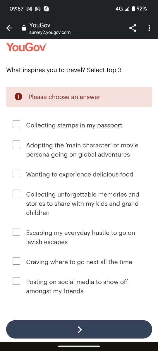 stacc's tweet photo. @YouGov your questions are often impossible to answer. In the latest survey, you ask about travel &amp; ask why people travel &amp; then ask for 3 answers... None are reasons I travel for - basically work and seeing family. Do you do this to exclude people? https://t.co/D7c1wrXZNa