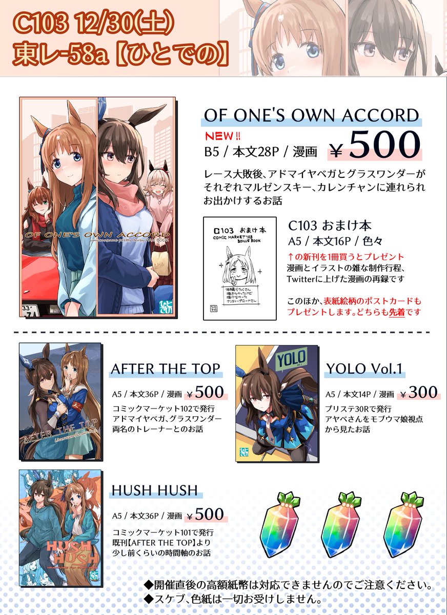 C103冬コミのお品書きです!
新刊をお手に取って頂いた方には先着でおまけ本とポストカードが付きます(無くなり次第終了)
今回もすいさん(@sui_n13)にお手伝い頂きます!
レ-58aにてお待ちしております、よろしくお願いします🙇‍♂️🙇‍♂️🙇‍♂️ 