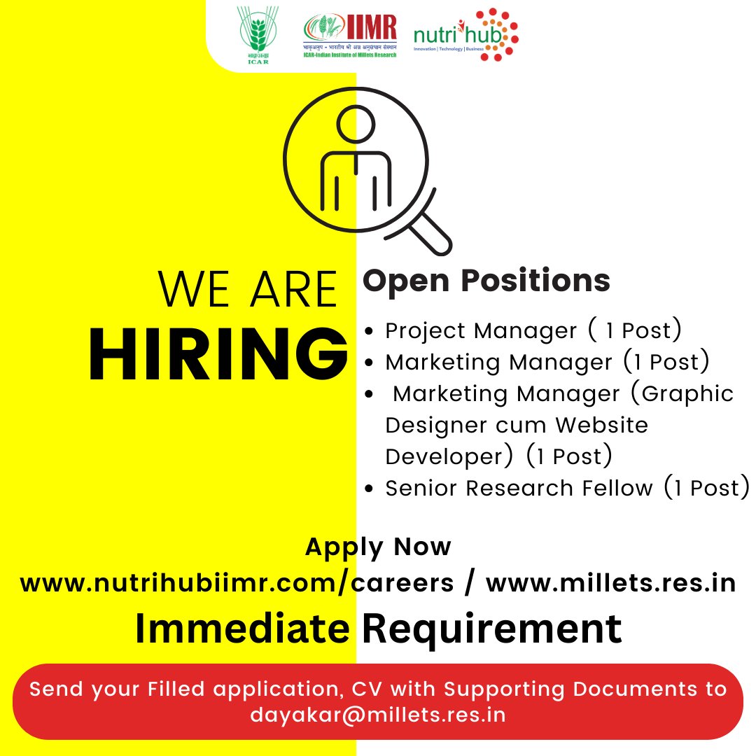 🌾 Job Opportunity Alert! 🌾

📅 Date: 27 Dec 2023 🕘 Time: 09:00 A.M. onwards 
Send CV, qualification, and experience certificates (single pdf) to dayakar@millets.res.in

Deadline: 25 Dec 2023, 5:00 pm
Check Description for more