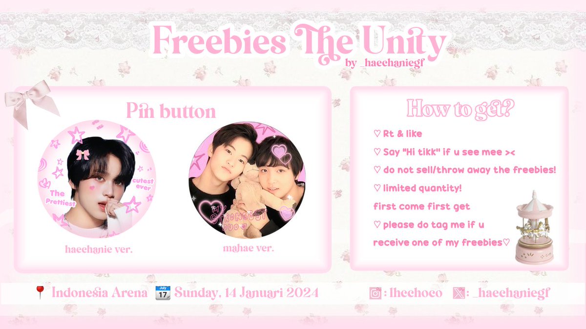 rt &amp; like are appreciated !!♡˖

،،  🌷˚ʚThe Unity in Jakarta freebies 🫧🩷࿐
by @_haechaniegf 

📆 14 Januari 2024
📍 Indonesia Arena
⏰ tba.
~ see you ♡˖꒰ᵕ༚ᵕ⑅꒱

#TheUnityinJakarta 
#NEOCITY_THE_UNITY_JKT