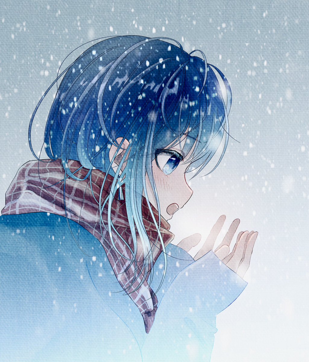 1girl solo blue eyes scarf blue hair open mouth snowing  illustration images