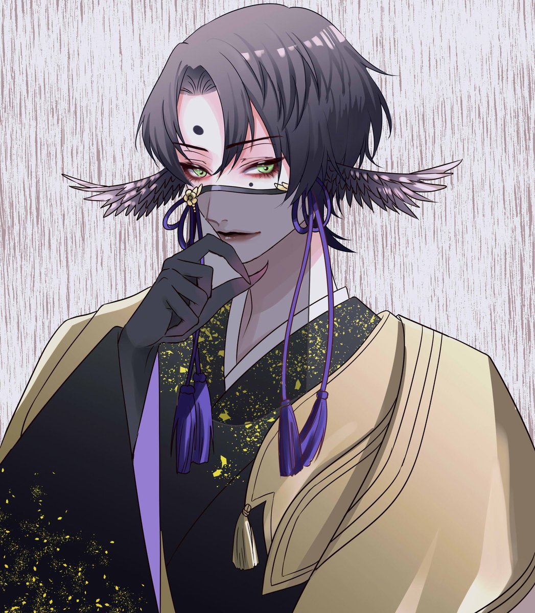 1boy male focus green eyes solo black hair japanese clothes looking at viewer  illustration images