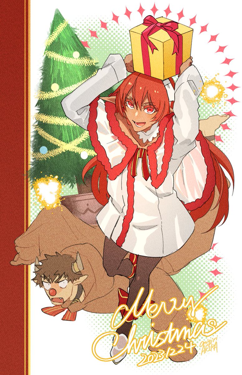 eris greyrat 1girl 1boy gift red eyes red hair christmas pointy ears  illustration images